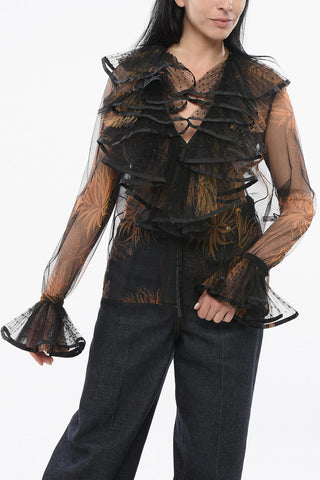Plant-Motif Sheer Top With Ruffles