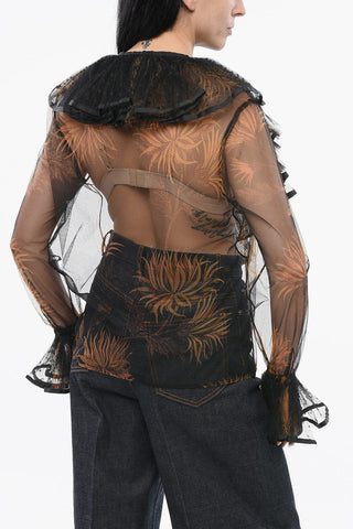 Plant-Motif Sheer Top With Ruffles