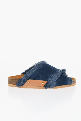 Fringed Cress-Cross Denim Sandals