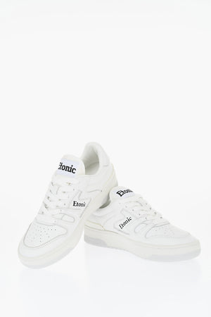 Solid Color Leather Low Top Sneakers with Contrasting Logo