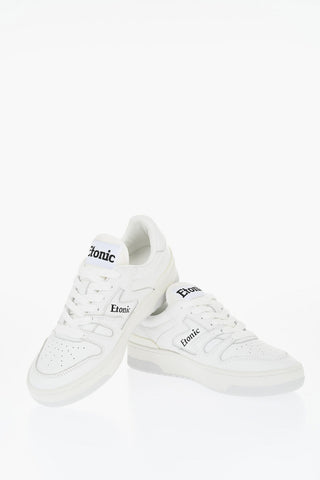 Solid Color Leather Low Top Sneakers with Contrasting Logo