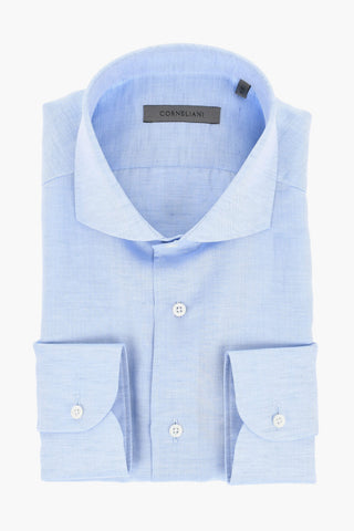 Herringbone Motif Cotton and Linen Shirt with Spread Collar