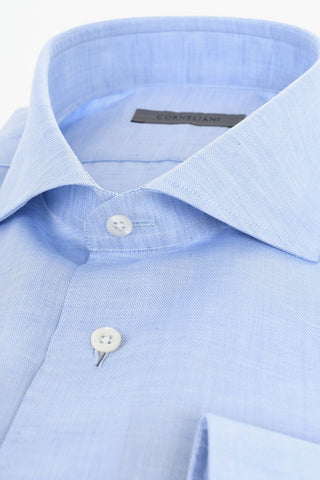 Herringbone Motif Cotton and Linen Shirt with Spread Collar