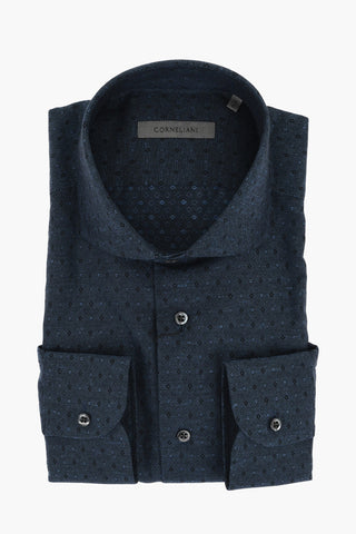 Geometrical Patterned Cotton and Linen Shirt with Spread Collar