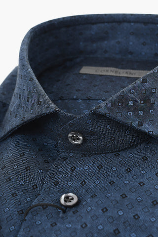 Geometrical Patterned Cotton and Linen Shirt with Spread Collar