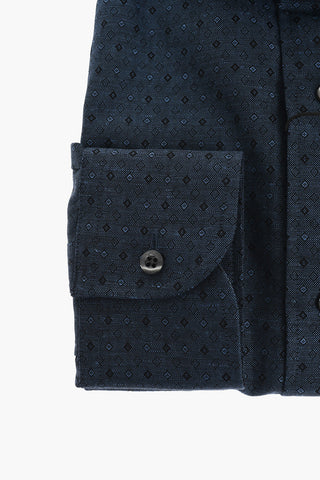 Geometrical Patterned Cotton and Linen Shirt with Spread Collar