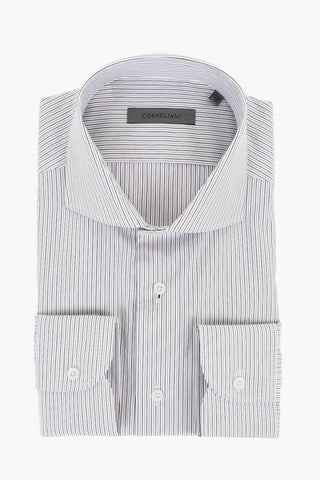 Camicia in Popeline di Cotone a Righe con Collo Francese