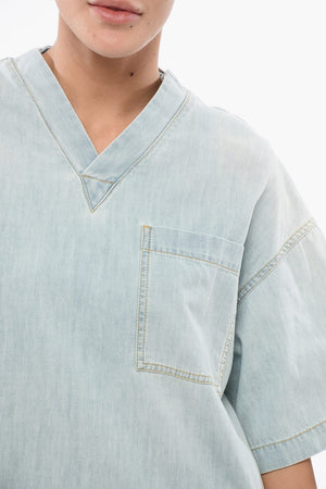 라이트 워시 데님 블라우스 포켓 디테일