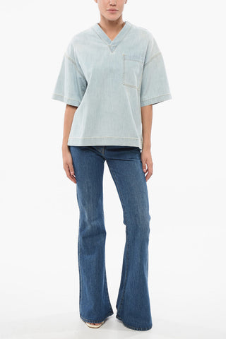 라이트 워시 데님 블라우스 포켓 디테일