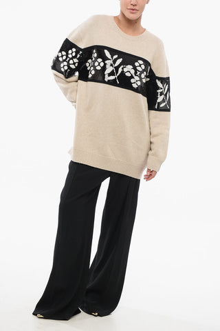 Cashmere Blend FAGGI Crew Neck Pullover with Sequined Embroidery