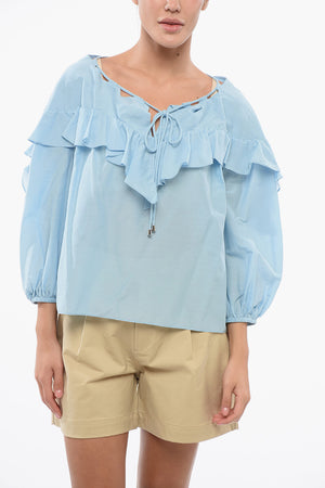 Blusa BONES in Cotone e Seta a Tinta Unita con Volant