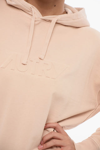 Felpa Hoodie In Cotone a Tinta Unita con Logo in Rilievo