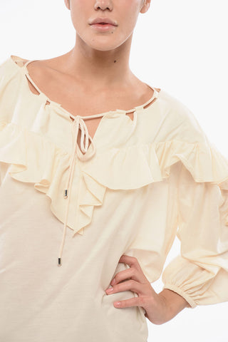 Blusa BONES in Cotone e Seta a Tinta Unita con Volant