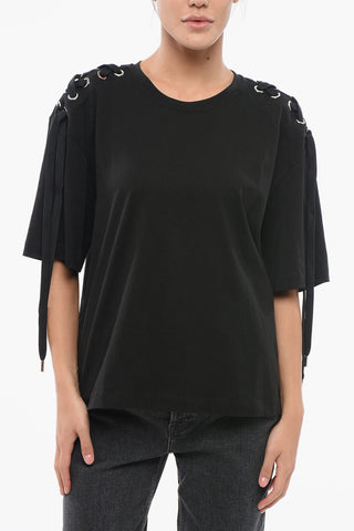 T-shirt Girocollo in Cotone con Dettagli Lace-Up 