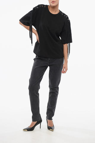 T-shirt Girocollo in Cotone con Dettagli Lace-Up 
