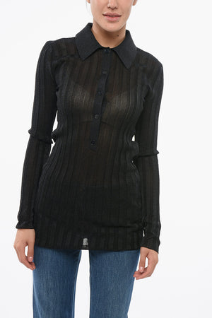 Rippenstrick-Top aus Lurex mit Polokragen