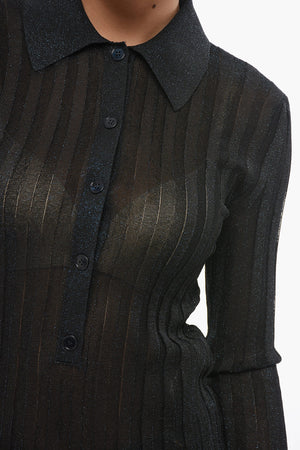 Rippenstrick-Top aus Lurex mit Polokragen