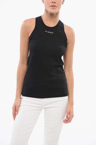 DENIM Tank Top a Costine con Logo Dorato