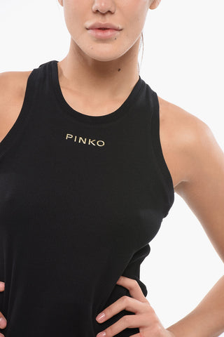 DENIM Tank Top a Costine con Logo Dorato