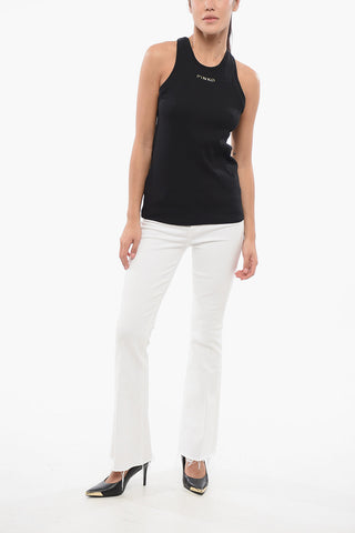 DENIM Tank Top a Costine con Logo Dorato