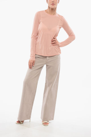 T-Shirt Girocollo in Misto Cotone a Maniche Lunghe 