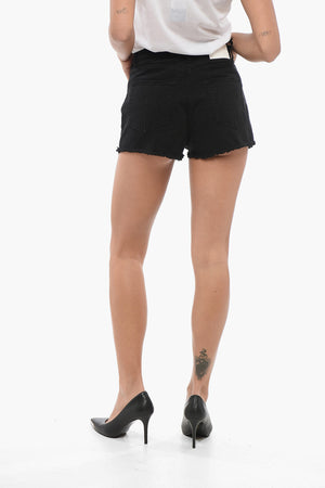 DENIM One-Pleat Shorts CERESIO Frayed Hem with Cut-Out Details