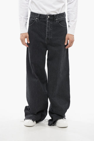 Jeans Wide Leg in Cotone Stone Washed con Fondo Sfrangiato 34cm