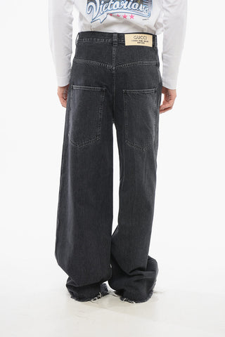 Jeans Wide Leg in Cotone Stone Washed con Fondo Sfrangiato 34cm