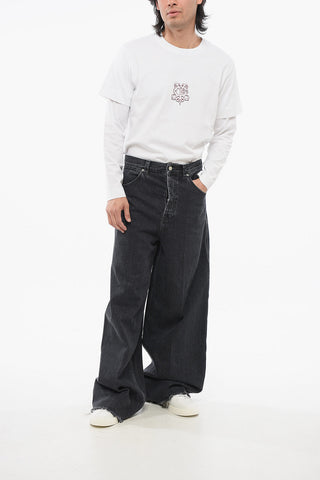 Jeans Wide Leg in Cotone Stone Washed con Fondo Sfrangiato 34cm