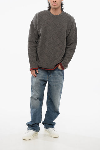 Pullover Girocollo in Misto Lana Jacquard con Bordi a Contrasto
