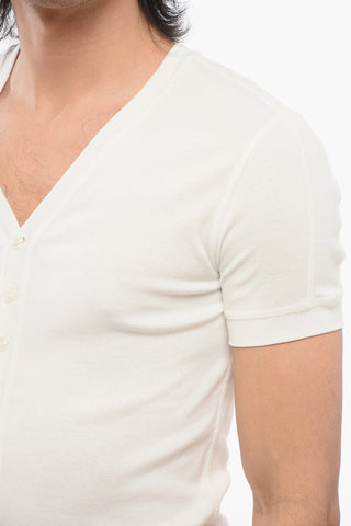 Buttoned V Neck Cotton T-Shirt