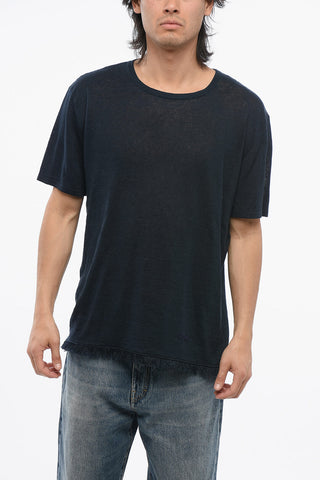 Linen Crew-neck T-Shirt with Frayed Hem