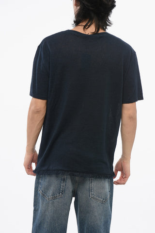 Linen Crew-neck T-Shirt with Frayed Hem