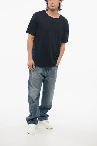 Linen Crew-neck T-Shirt with Frayed Hem