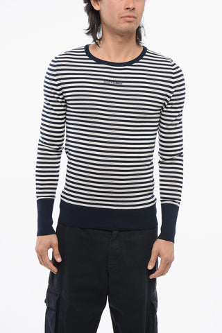 Crew Neck Virgin Wool Sweater with Awning Stripe Motif