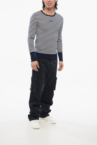 Crew Neck Virgin Wool Sweater with Awning Stripe Motif