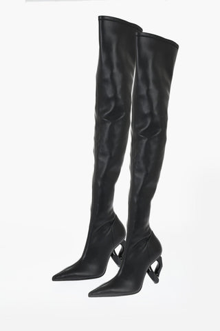 Pointed Leather CHAIN Thigh-High Boots With Statement Heel 9 cm