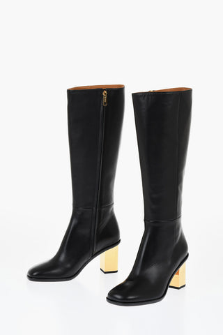 Leather Knee-High Boots With Metallic Effect Heel 8 cm