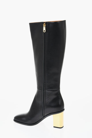 Leather Knee-High Boots With Metallic Effect Heel 8 cm