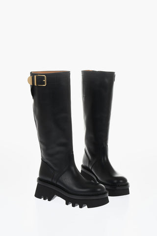 Leather Knee-High Boots With Buckle Detail And Tank Sole
