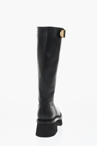 Leather Knee-High Boots With Buckle Detail And Tank Sole