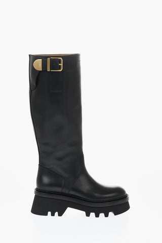 Leather Knee-High Boots With Buckle Detail And Tank Sole
