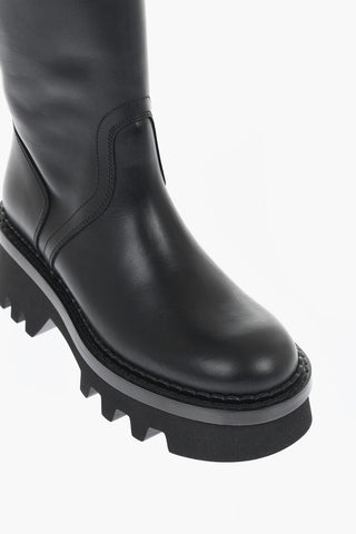 Leather Knee-High Boots With Buckle Detail And Tank Sole