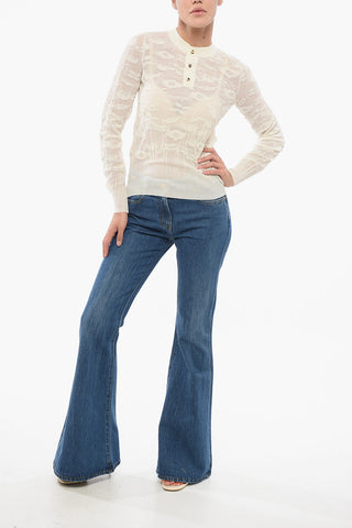 Jacquard Cotton Sweater with Buttoned Neck