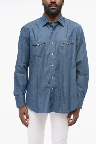 Solid Color Cotton Shirt with Double Breast Pocket