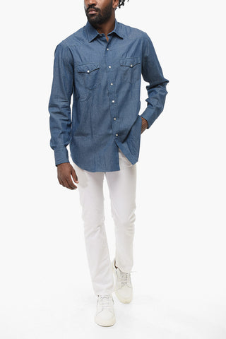 Solid Color Cotton Shirt with Double Breast Pocket