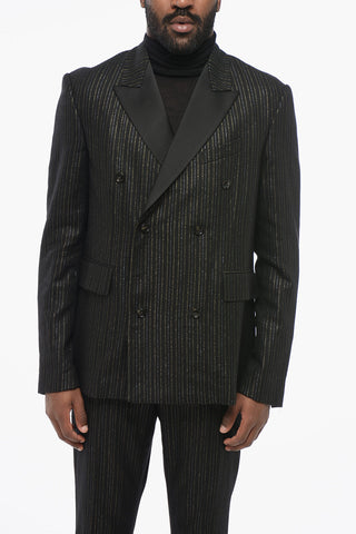 Double-breasted Lurex Pinstriped Blazer with Satin Lapel