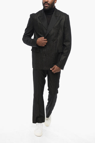Double-breasted Lurex Pinstriped Blazer with Satin Lapel