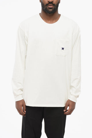 T-Shirt Girocollo a Maniche Lunghe con Taschino e Ricamo Farfalla