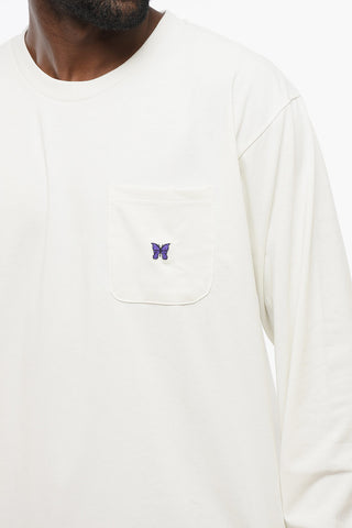 T-Shirt Girocollo a Maniche Lunghe con Taschino e Ricamo Farfalla